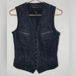 Ralph Lauren vest denim leather lined pockets sz M dark denim